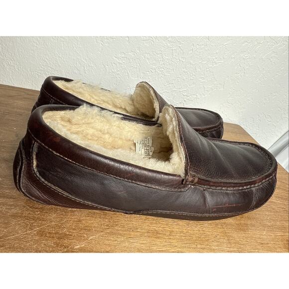 UGG Ascot Slippers Brown Leather Men's Size 9 Slip On Moc Toe Driving Heel GUC - Picture 4 of 14